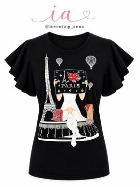 IN2YOU Black Paris Eiffel Tower Rhinestone Flutter Sleeve Tee
